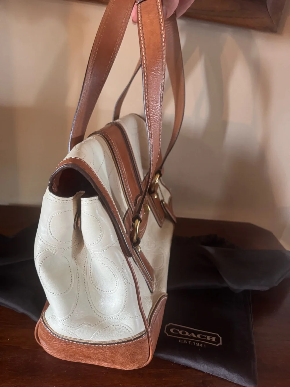 Coach Hampton Signature Embossed Leather Satchel -Cream with Saddle Brown Trim - Picture 4 of 16